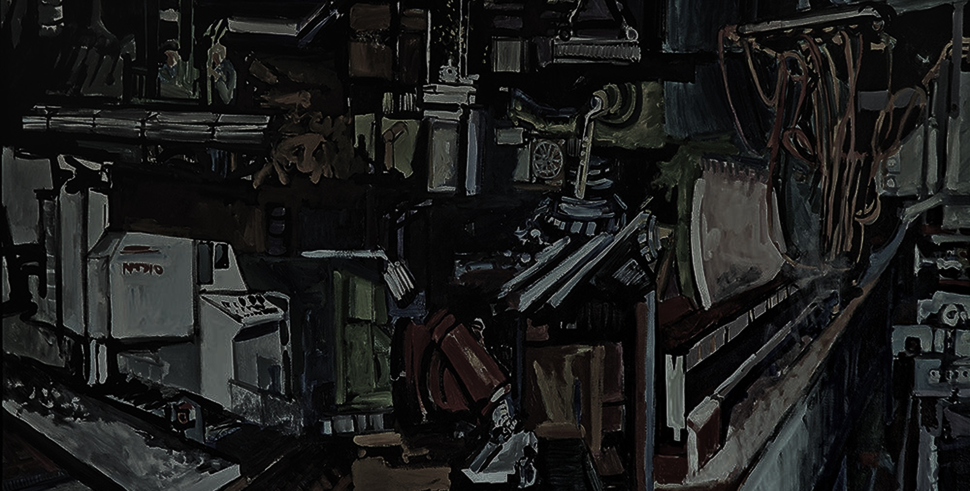 Artistic painting of an industrial workshop with robotic arms, press brake machinery, and tooling equipment, emphasizing engineering and manufacturing heritage.